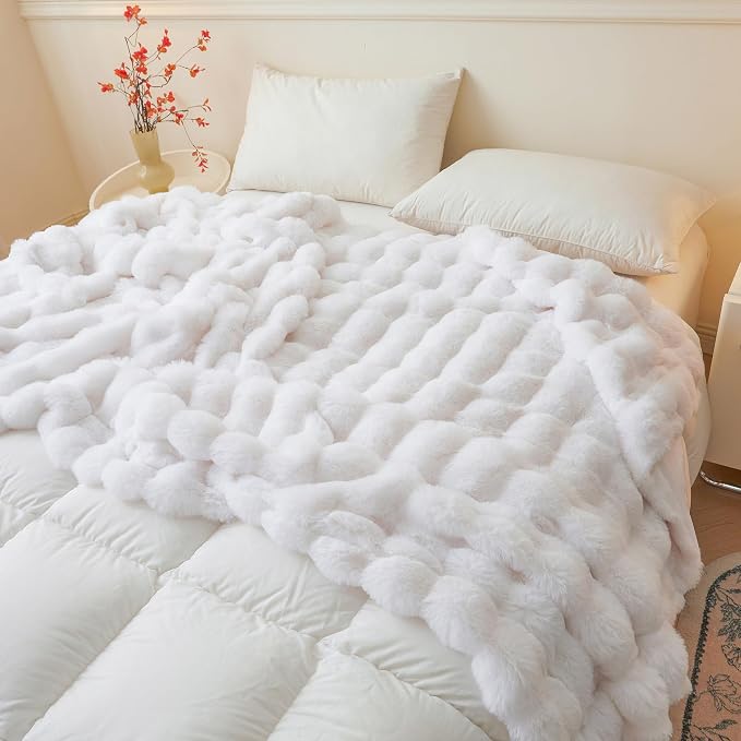 LIFEREVO Luxury Fluffy Faux Rabbit Fur Throw Blanket 60x80, White | Plush Fuzzy Bubble Lap Throw for Couch Sofa Office, Soft Cozy Furry Bed Blanket Home Decoration, Washable & Skin-friendly