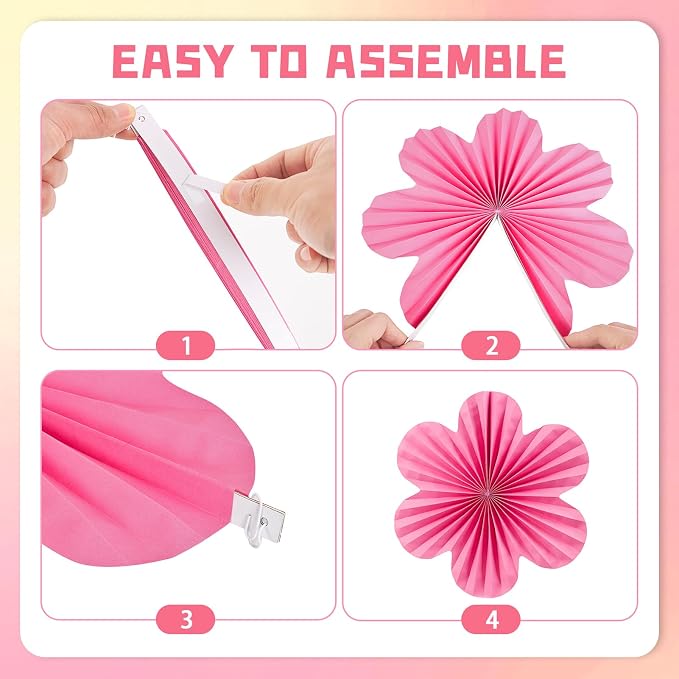 SUNBEAUTY Paper Flowers Decorations for Wall, Paper Flower Fan Classroom Decoration Paper Floral Backdrop Decor Paper Fans Decoration Hanging Paper Fans Pink Yellow Flower Wall Decor