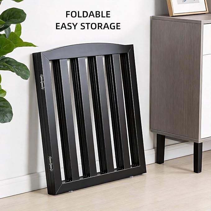 ZJSF Foldable Freestanding Indoor Dog Gate for House Wood Long Pet Gates Dog Fence for Stairs Puppy Gates for Hallways, Puppy Gate,Support Feet Included, Black, 24 "Height-2 Panels