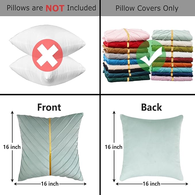 Velvet Throw Pillow Covers 16x16 Pack of 2 Gold Decor Mint Green | Soft Solid Pillow Covers,Modern Luxury Home Decor,for Couch Chair Sofa Bedroom Livingroom,Hidden Zipper,Ideal Gift,Easy Care