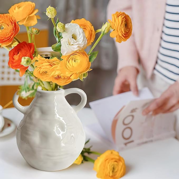 LIFFY Ceramic Vase for Flowers, 6.3 Inch Tall Farmhouse Centerpiece with Double Handles, Rustic Terracotta & Modern Navy White - Home Table Decor (White)