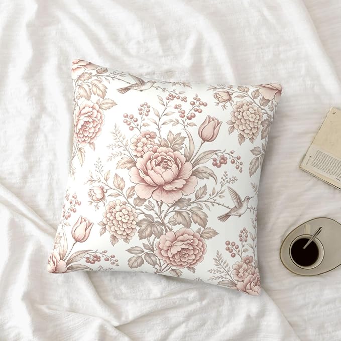 Vintage Pink Floral Throw Pillow Covers 18x18 Inches Set of 2 Chinoiserie Farmhouse Decor Cushion Cases