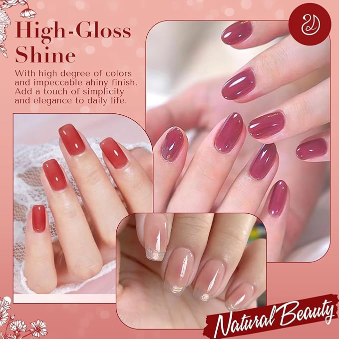 AZUREBEAUTY Jelly Nail Polish 4 Colors Sheer Red Quick Dry Nail Polish Set Natural Brown Purple Nail Polish Kit with Top Coat Transparent Long Lasting Nail Art Gift Women
