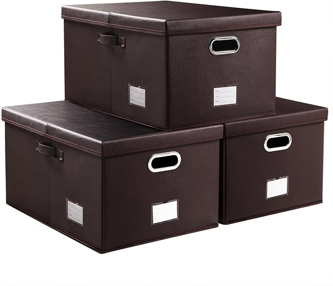 Collapsible Storage Box with Lid [3-Pack] Leather Fabric Foldable Storage Bin Organizer Container Basket Cube with Cover for Home Bedroom Closet Office Nursery Brown(22.8X15.7X11.8)