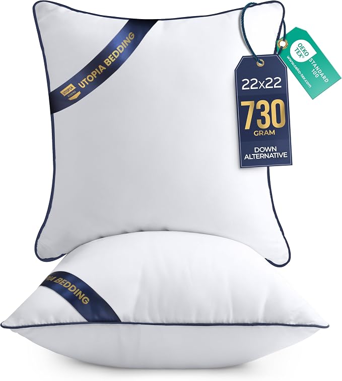Utopia Bedding 22x22 Throw Pillow Inserts, Decorative Pillows, Pack of 2 | Piping Throw Pillows, Plush & Supportive, Aesthetic Cushion Sham Stuffer for Sofa, Office, Couch & Bed, Set of 2, White