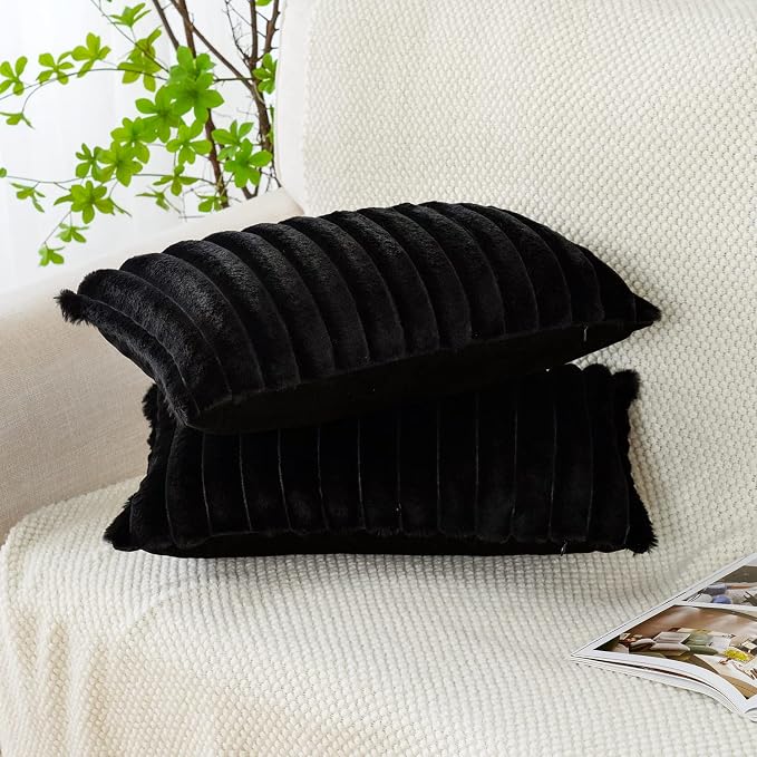 Soleebee Set of 2 Throw Pillow Covers Soft Cozy Velvet Pillowcase Faux Rabbit Fur Cover for Couch Sofa Bed Chair Home Decorative Pillows Cover (12x20 Inch, Black)
