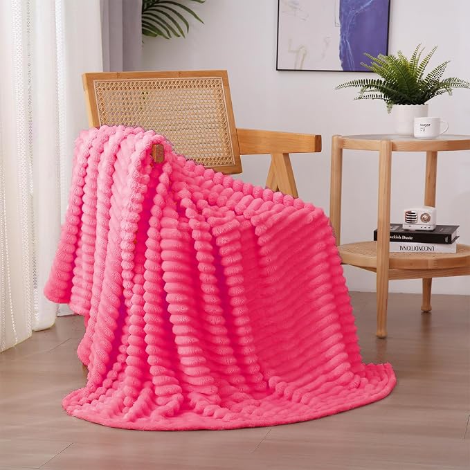 Hot Pink Fleece Throw Blanket 50”×60” for Couch Sofa Livingroom | Super Soft Cozy Plush Microfiber Flannel Bed Blanket Striped Design Lightweight Home Decor Gifts for Adults Mom Women