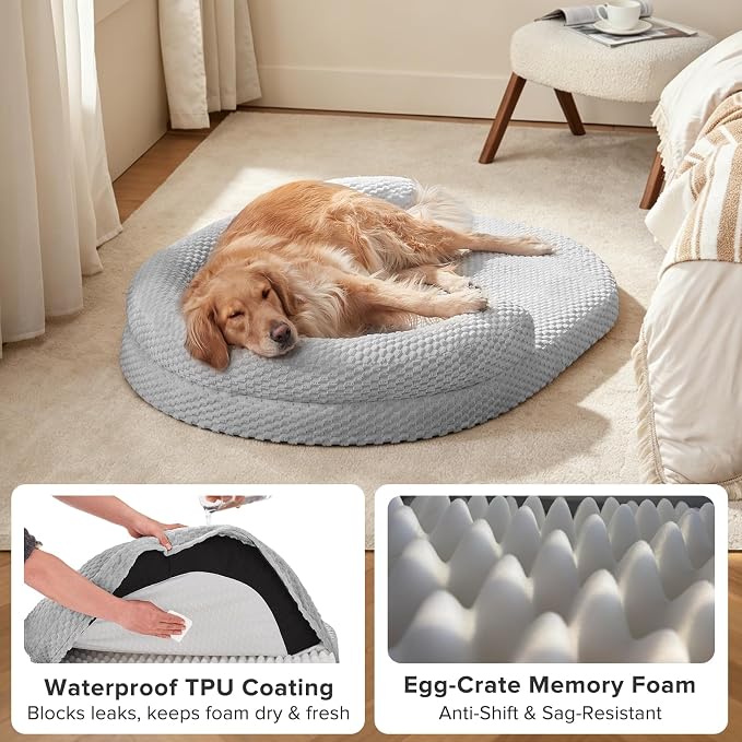 JOEJOY Orthopedic Dog Bed Medium Size Dogs, Waterproof Washable Oval Dog Beds with Removable Cover, Egg-Crate Memory Foam Pet Bed with Bolster Sides & Non-Skid Bottom, Light Grey, 28''x20''