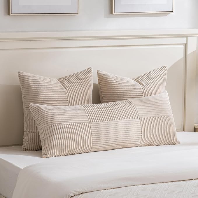 Fancy Homi Set of 1 Tan Boho Long Lumbar Body Decorative Throw Pillow Cover 14x36 Inch for Bed Couch Bedroom Bench, Soft Patchwork Corduroy Textured Pillow Case, Rustic Farmhouse Room Decor