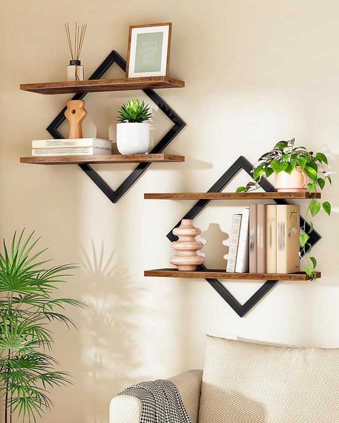 Floating Shelves, Set of 2 Wall Shelves, 2-Tier Hanging Shelves, Wall Shelf Set of 2, Wall Mounted Shelves, for Living Room, Bedroom, Kitchen, Office, Study, Rustic Brown TBJ01P2BF
