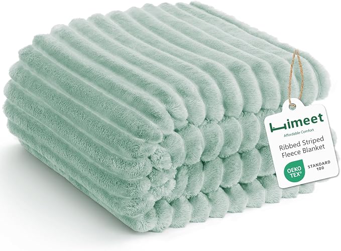 HIMEET Sage Green Full Blanket for Bed, 300GSM Ribbed Fleece, 84 x 90 in | Ultra Soft Flannel, All-Season Lightweight Warmth, Bed Layering & Home Room Decor, Gift for Men & Women, Machine Washable