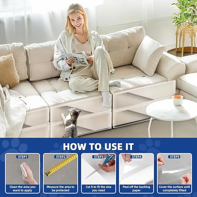 TOOSOFt Anti Cat Scratch Furniture Protector Clear Thicken Vinyl 160"x12.4" | Couch Protector from Cat Claws Thicken - Single Sided Sticky Flexible Dog Tape for Furniture, for Couch Corner Door Walls Bed