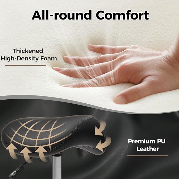 BEWISHOME Ergonomic Rolling Saddle Stool, Height-Adjustable Rolling Swivel Saddle Stool Chair with Thickened Saddle Seat Padding, for Salons, Spas, Office, Black BMD02B
