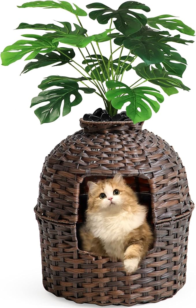 SETVSON Cat Litter Box Plant Furniture Enclosure, PE Rattan House, Brown | Decorative Planter Design, Removable Top for Easy Cleaning, Built-in Litter Box, Compact 20x20x38.97 Inches, PE Rattan House