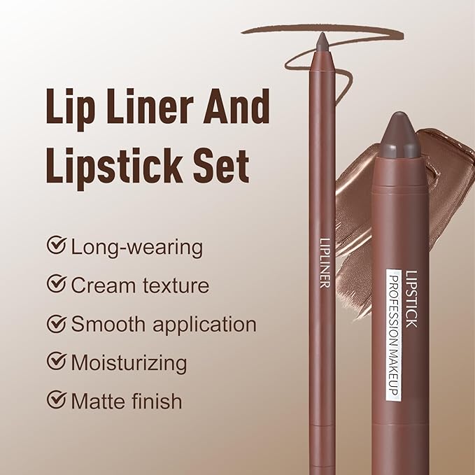 Brown Lip Liner Lipstick Set - Lip Combo Matte Lip Liner Pencil Long Lasting Gradient Lipstick for Women Easy to Use Crayon Cone Tip Smooth Creamy Texture Lip Contour Makeup Kit for Daily/Party
