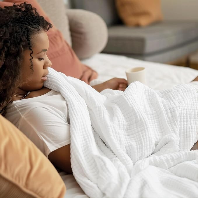 100% Cotton Muslin Blanket California King 120" x 90", 6 Layers Breathable and Lightweight Oversized Blankets for Bed, Soft Cooling Gauze Blanket for Adults All Season, White