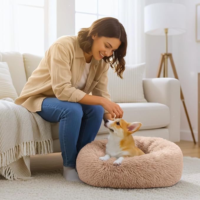 Calming Donut Dog Bed for Small Dogs, Anti-Anxiety Round Washable Plush Fluffy Faux Fur Large Cat Bed, 24 inches Fits up to 25 lbs Pets, Anti-Slip Waterproof Mute Base (Camel)