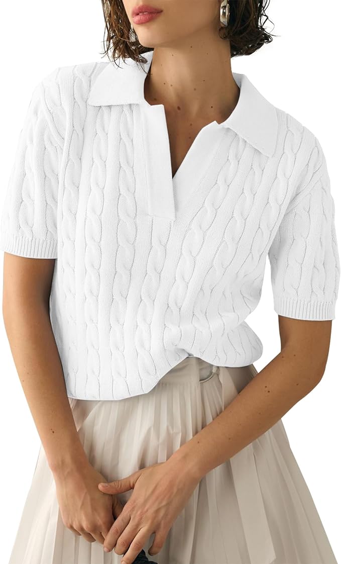 Imily Bela Womens Cable Short Sleeve Sweaters Tops Lapel V Neck Knit Shirt | Solid,Knit Casual,Soft Pullover,Fall Sweaters,Womens Summer Work Tops