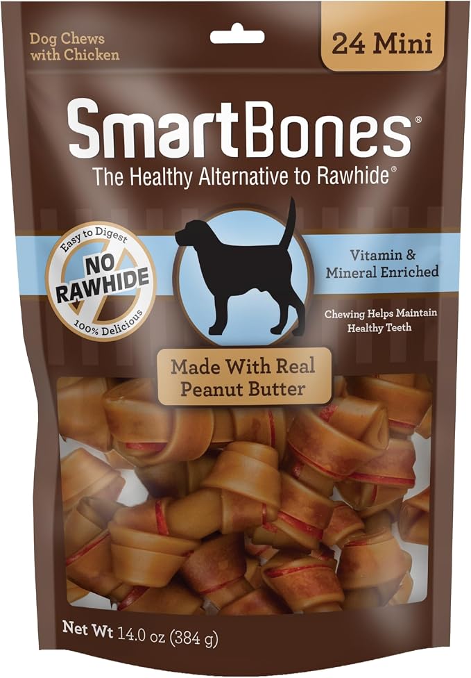 SmartBones Mini Bones Rawhide-Free Dog Treat, Real Peanut Butter, 24 Count | With With Real Chicken & Peanut Butter, Easy To Digest Chew With Vitamins & Minerals, Supports Dental Health, For Small Dogs