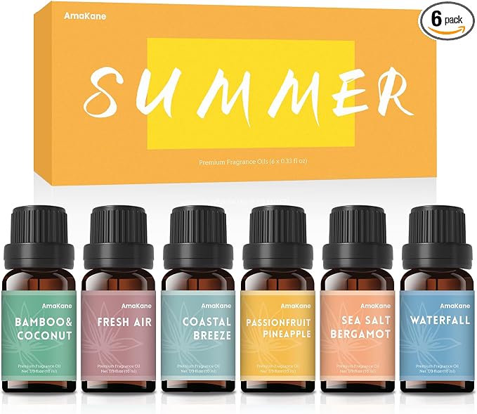 AmaKane Summer Essential Oils for Diffusers for Home, Tropical Fragrance Oil for Candle Soap Making, Aromatherapy Oils, Passionfruit Pineapple, Coastal Breeze, More, 6x10ml