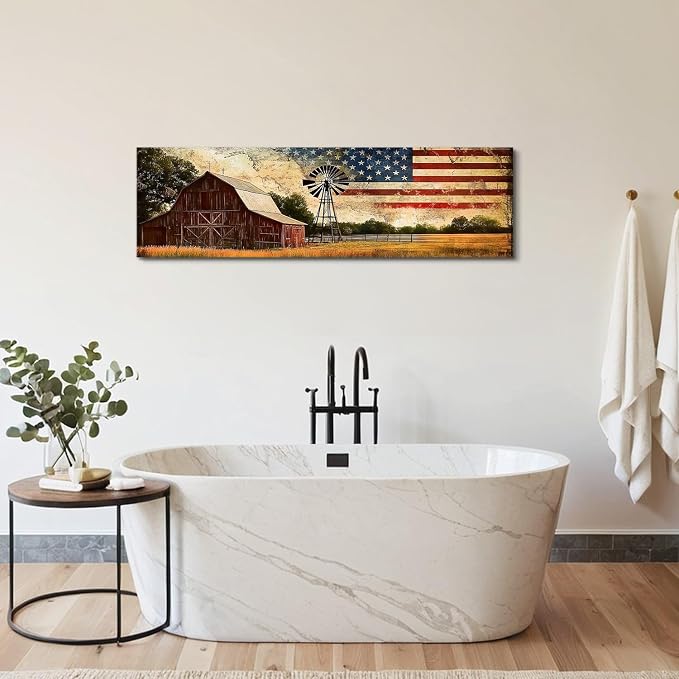Farmhouse Barn Wall Art Country Western Wall Decor Vintage Windmill Pictures for Kitchen Living Room, Old Barn Landscape Canvas Painting America Flag Poster Prints Artwork Cabin Decoration 14x48”