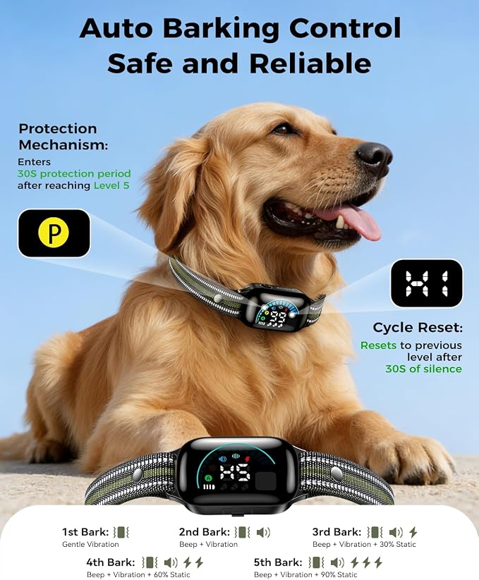 ROJECO 2-in-1 Dog Shock Collar & Dog Bark Collar,Smart Anti-Barking | 3300FT Remote/IPX7 Waterproof/Beep,Vibration,Shock Modes/LED Light/TypeC Rechargeable/for Small Medium Large Dogs/Green