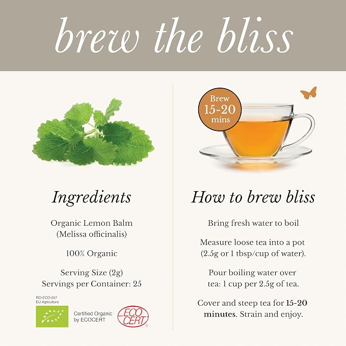 Organic Lemon Balm Tea - Caffeine Free Loose Leaf Herbal Tea - Pharmacopoeia Potency - 25 Servings
