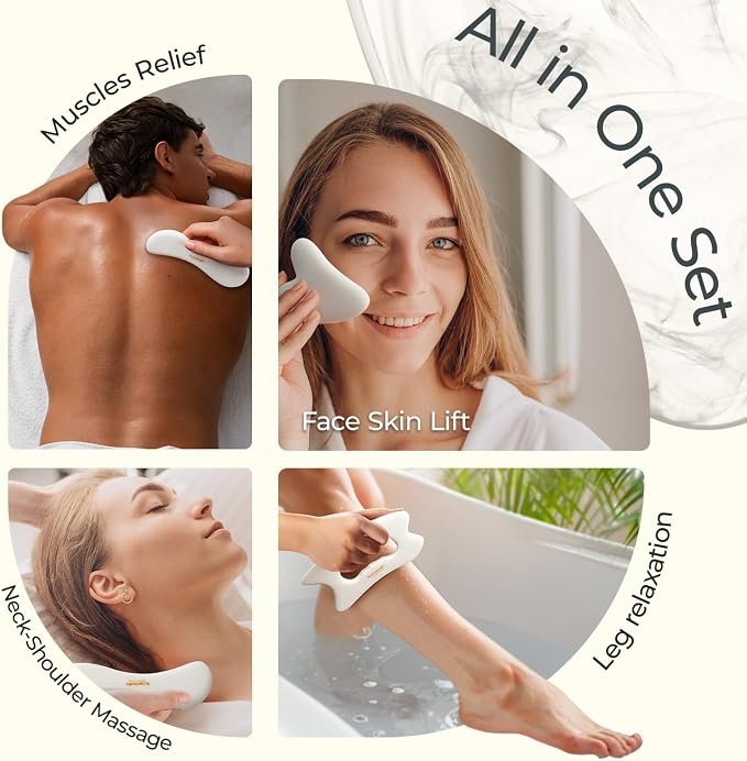Scienlodic 3 Pcs Gua Sha Massage Tools for Face & Body (White, Resin) - Scraping Tools for Back, Legs & Muscle Relaxation, Guasha Facial Tool for Jawline Contouring & Puffiness Reduction
