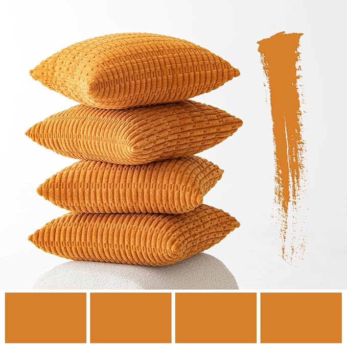 MIULEE Pack of 4 Fall Corduroy Throw Pillow Covers 18x18 Inch Burnt Orange | Neutral Rustic Farmhouse Boho Soft Striped Pillow Covers,Home Decor for Sofa,Living Room,Couch,Bed
