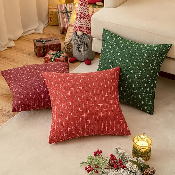 MIULEE Pack of 2 Christmas Decorative Burlap Linen Throw Pillow Covers Modern Farmhouse Pillowcase Rustic Woven Textured Cushion Cover for Sofa Couch Bed 18x18 Inch Christmas Red