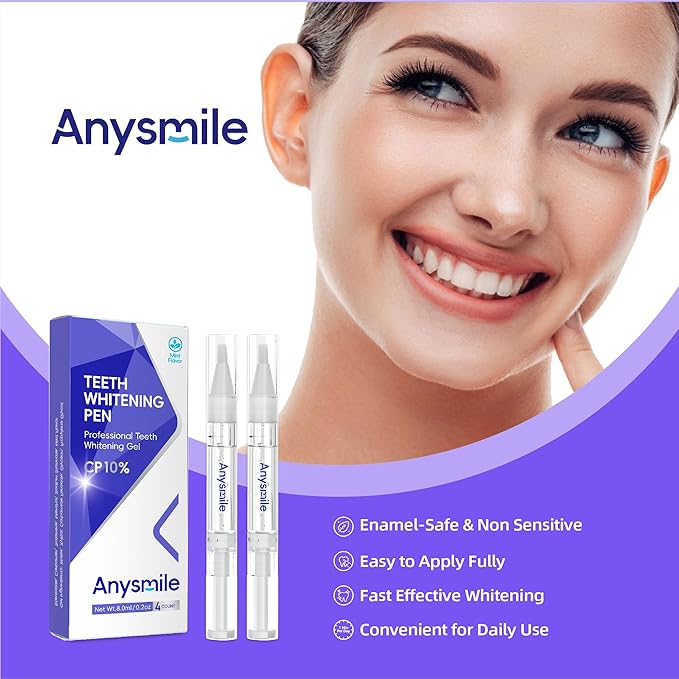 Anysmile Teeth Whitening Pens Non Sensitive Teeth Whitener Gel with Effective 10% Carbamide Peroxide, 4 Professional Tooth Whitening Gel Pens 2ml/Pen