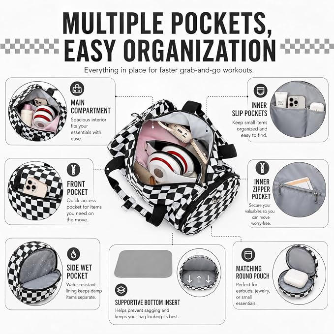 BTOOP Mini Gym Bag for Women, 12-Inch Small Duffle Bag with Wet Pocket and Coin Purse, Lightweight Water-Resistant Workout Bag for Yoga, Pilates, Dance and Travel (Balck-white checkered)