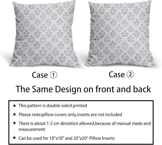 Baby Blue Floral Pillow Covers 22x22 Inch Set of 2, Vintage Flower Block Print Pattern Decorative Throw Pillowcases Outdoor Farmhouse Cushion Covers Spring Summer Rustic Sofa Couch Bed Decor