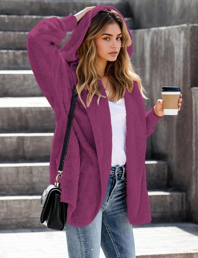 Zilcremo Women Hooded Cardigan Fuzzy Jacket Winter Open Front Fleece Coat Outwear with Pockets