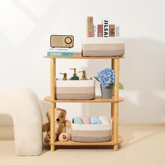 MiniArk Small Storage Baskets for Organizing | Closet Organizer Bins | Shelf Toy Basket | Woven Rope Baskets | Cube Decorative Box | Shallow Basket | 13x8.5x5.1” | 4 Packs Gradient Brown
