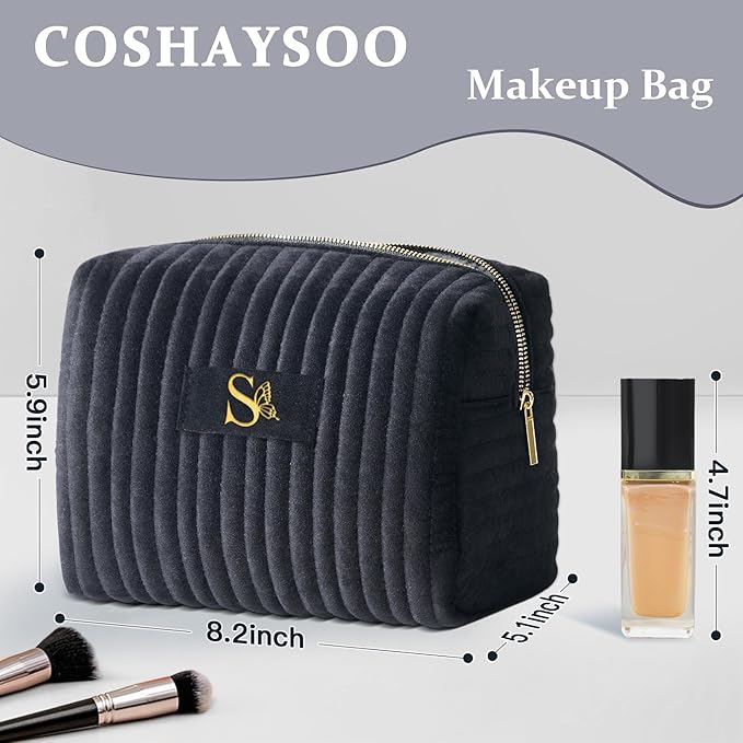 COSHAYSOO Mom Birthday Gifts Mothers Day Gift Ideas for Mama Grandma New Mommy from Daughter Travel Makeup Bag Quilted Make Up Cosmetic Pouch Cool Aesthetic Monogram Black Velvet Initial Letter S