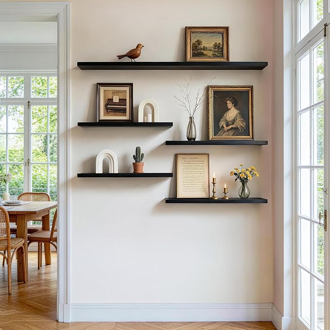 BAYKA Black Floating Shelves 22.5in, Set of 3, Wall Mount Rustic Wood Shelf | Easy Install, 22lbs Max Load, Hidden Bracket, for Bathroom Bedroom Kitchen Display Storage Decor, Multi-Wall Compatible