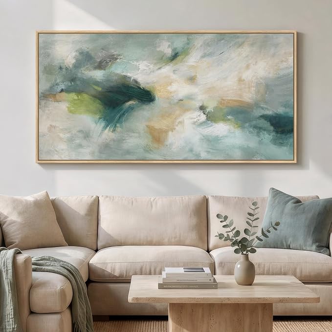 Extra Large Framed Sage Green Abstract Wall Art for Living Room, 36x72 In | Modern teal paintings, Horizontal canvas prints, Oversized pictures, Contemporary artwork, Wall decor for bedroom dining room