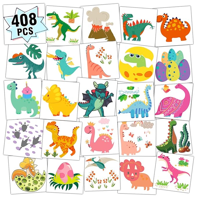 Partywind 408 PCS Kids Tattoos for Party Supplies, Individually Wrapped Sheet Temporary Tattoos Stickers for Kids Goodie Bag Stuffers, Fun Birthday Party Favors - Dinosaur