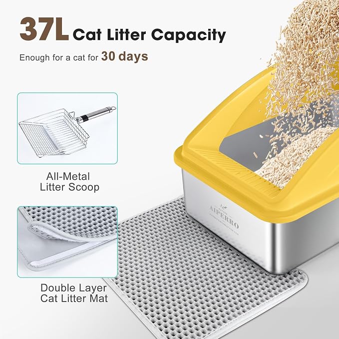 AIPERRO Stainless Steel Litter Box | XL Metal Cat Litter Boxes with Lid | Enclosed High Sided for Big Cats | Anti-Urine Leakage | Non-Stick & Easy to Clean with Litter Mat & Metal Scoop (Yellow)