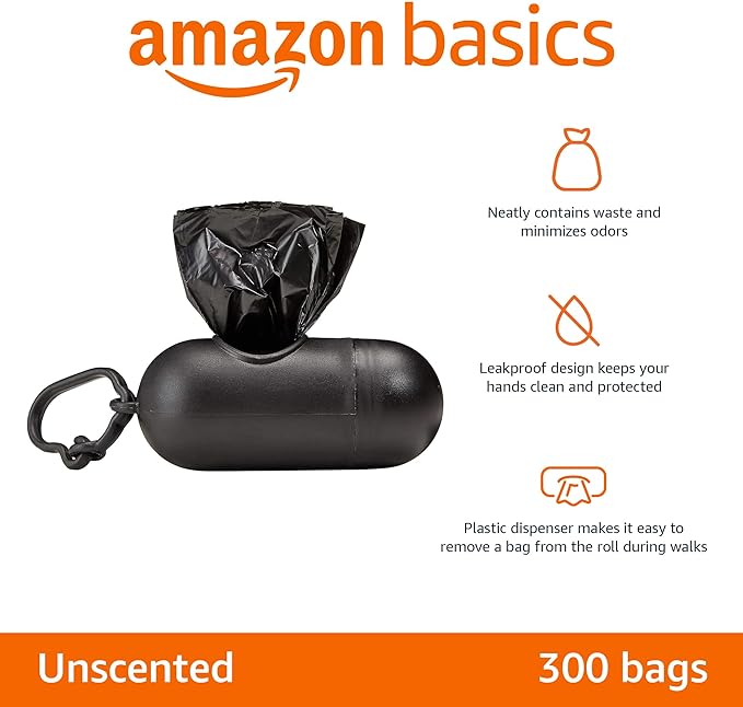 Amazon Basics Dog Poop Leak Proof Bags with Dispenser and Leash Clip, Unscented, 13" x 9" Large Size, 300 Count