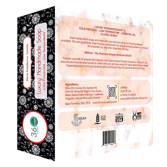 360Feel Black Raspberry Soap - Made in the USA - Castile Handmade, All-Natural Cold-Processed - Infused with Black Raspberry for an Uplifting Aroma, Moisturizing Care & Creamy Rich Lather (5 oz)