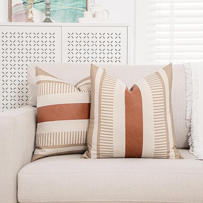 2 Pack 20x20 Inch Pillow Covers - Brown Faux Leather & Tan Stripe Print Soft Canvas Splicing, Same Pattern Both Sides | for Sofa Couch Bed Living Room, Farmhouse Industrial Minimalist Decor