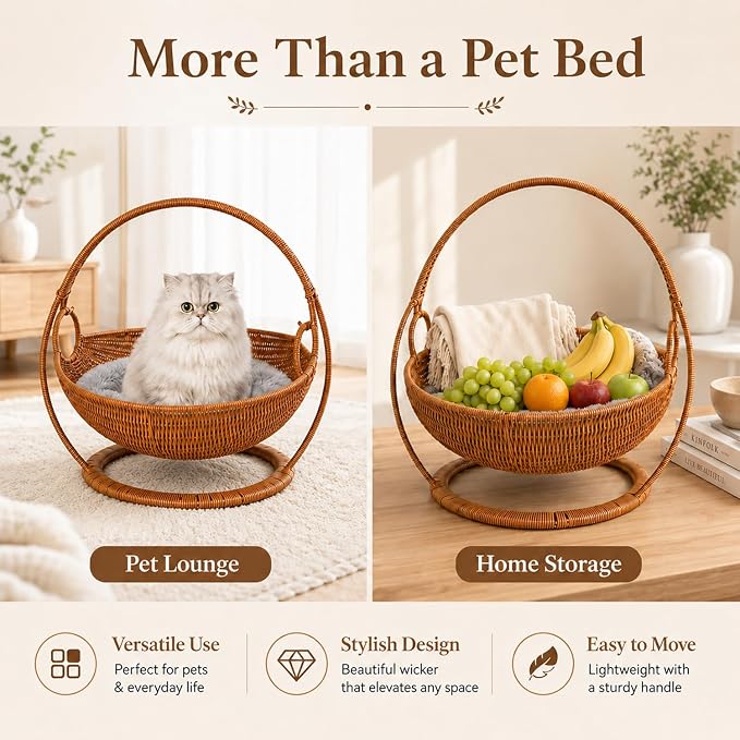 Wicker Cat Bed Elevated Cat Lounger Multifunctional Pet Furniture with Removable Cushion for Indoor Pets