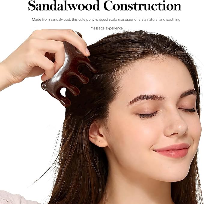 Sandalwood Cute Pony Scalp Massager | Wooden Massage Brush for Head, Face, Eyes, Shoulder, and Neck | Gua Sha Comb Ideal Gift for Men Women