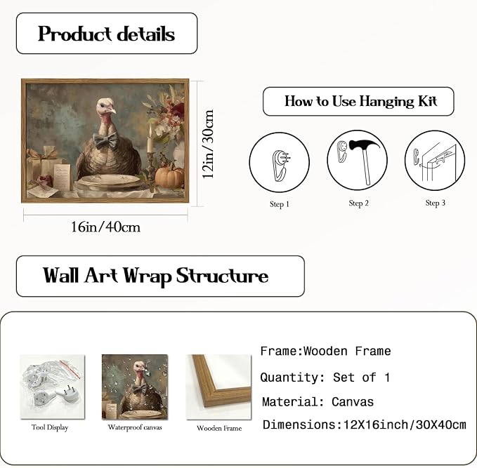 Funny Turkey Wall Art, Whimsical Rustic Bird Wall Decor Painting Cottagecore Animal Canvas Prints Artwork for Living Room Bedroom Bathroom 12x16 inch Wood Framed