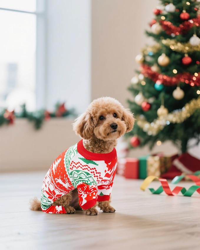 PET SHOW 4 Pack Christmas Fleece Dog Pajamas Warm for Small Dogs | Soft stretchy dogs onesies,boy girl pjs with sleeve,holiday jumpsuit costume for small pets cats,S