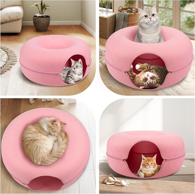 Cat Caves for Indoor Cats, Large Cat Tunnel for Multiple & Large Cats, Scratch Detachable Cave Bed, Kitten Donut Kitty Hideaway Up to 45 Lbs (Pink, Large, 2 Pack)