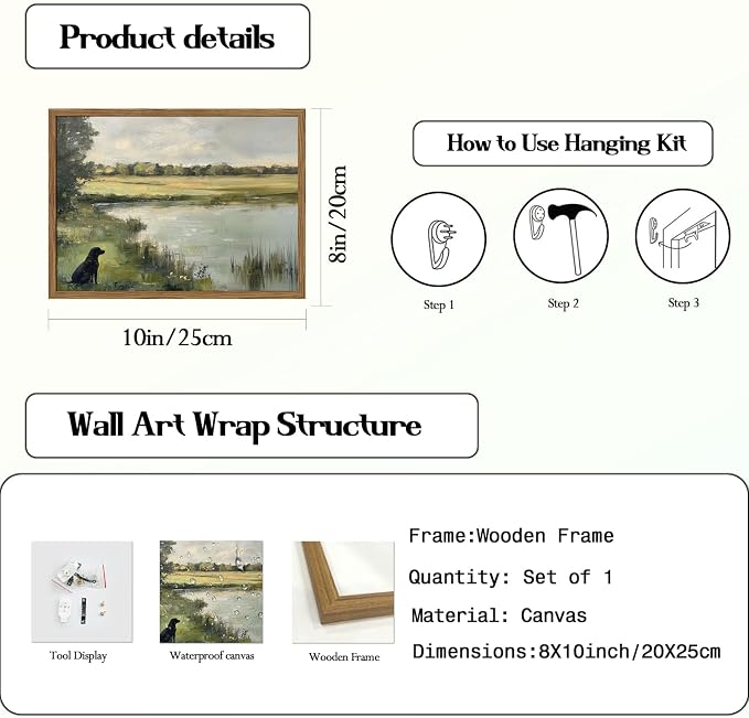 Framed Vintage Hunting Black Dog Wall Art, Rustic Country Nature Landscape Pictures Wall Decor, Farmhouse Animal Paintings Canvas Prints Aesthetic Home Decor for Living Room Bedroom 8x10 inch
