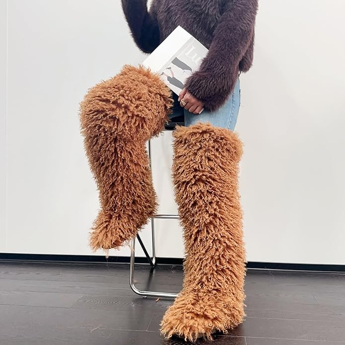 SWEETHEART BEAUTY Thigh High Shagy Teddy Fur Boots, 29 Inch Over the Knee Length Fluffy High Boots, Tall Furry Shoes For Women